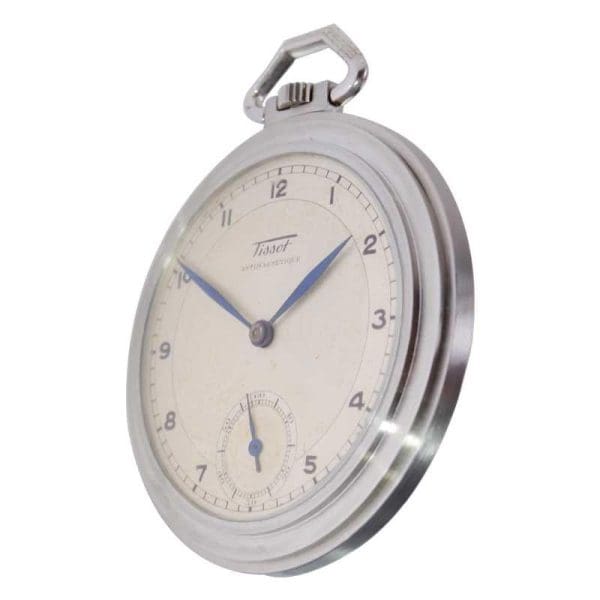 Tissot Steel Round Art Deco Pocket Watch with Original Dial from 1930s 6