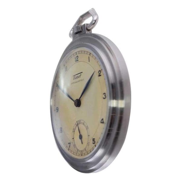 Tissot Steel Round Art Deco Pocket Watch with Original Dial from 1930s 8
