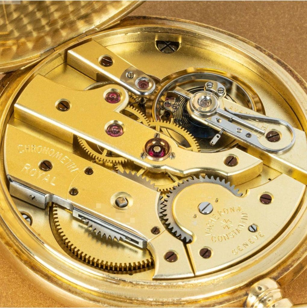A különböző kiváltószerkezet-típusok megértése zsebórákban 6 - WatchMuseum.org Vacheron Constantin Chronometer Royal 18Ct arany kulcs nélküli kar zsebóra C1920 3