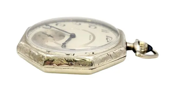 Vintage Elgin 14 Karat White Gold Pocket Watch with Octagonal Case Circa 1922 3