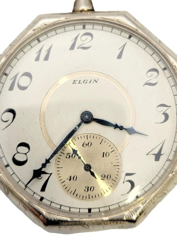 Vintage Elgin 14 Karat White Gold Pocket Watch with Octagonal Case Circa 1922 6