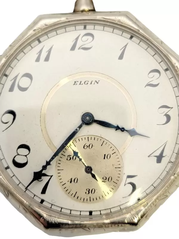 Vintage Elgin 14 Karat White Gold Pocket Watch b&#39;kaxxa ottagonali Circa 1922 6