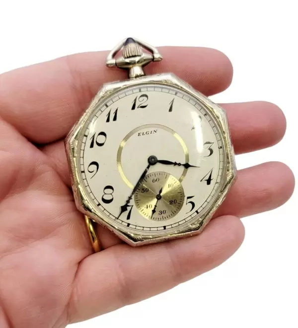 Vintage Elgin 14 Karat White Gold Pocket Watch b&#39;kaxxa ottagonali Circa 1922 7