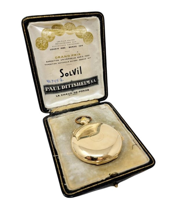 Vintage Paul Ditisheim 18 Karat Yellow Gold Pocket Watch Solvil Original Box 17