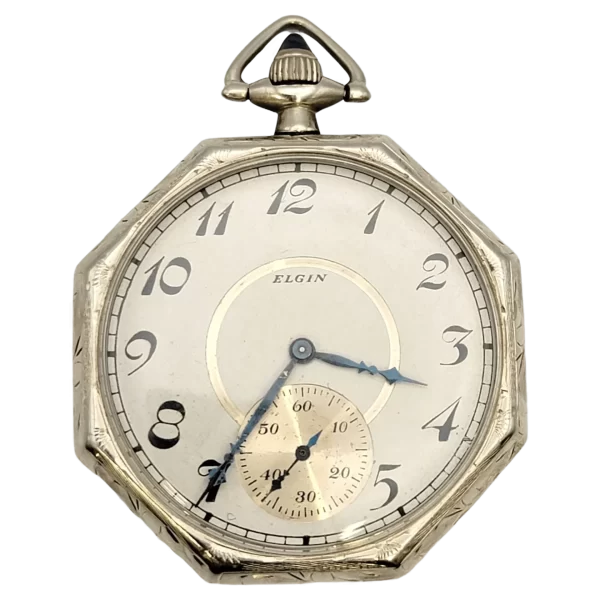 Vintage Elgin 14 Karat White Gold Pocket Watch with Octagonal Case  Circa 1922 1 transformed