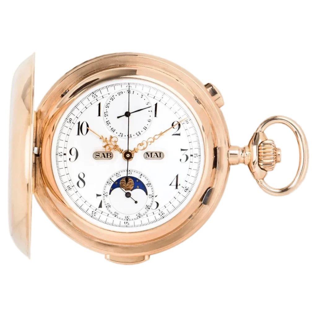 Volta Montre de poche chronographe minute en or rose 18 carats avec calendrier Full Hunter 1 transformée