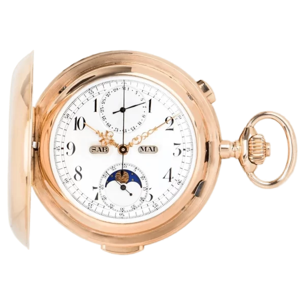 Volta 18ct Rose Gold Full Hunter Calendar Minute Chronograph Pocket Watch 1 transformed
