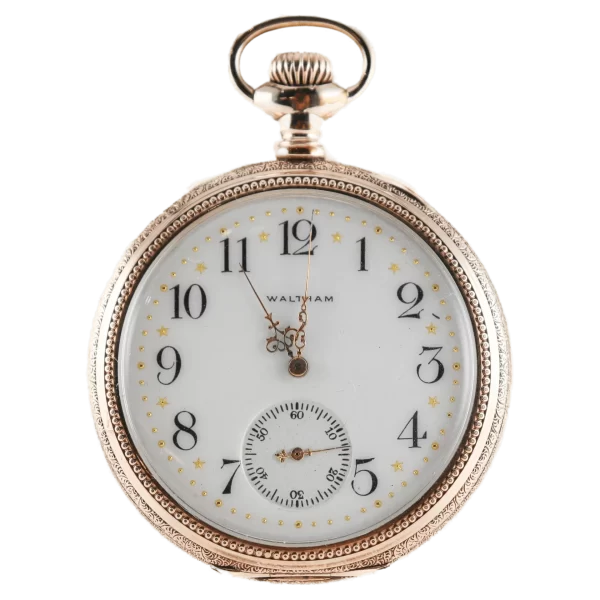 Waltham Yellow Gold Filled Open Faced Pocket Watch with enamel Dial from 1897 1 transformed