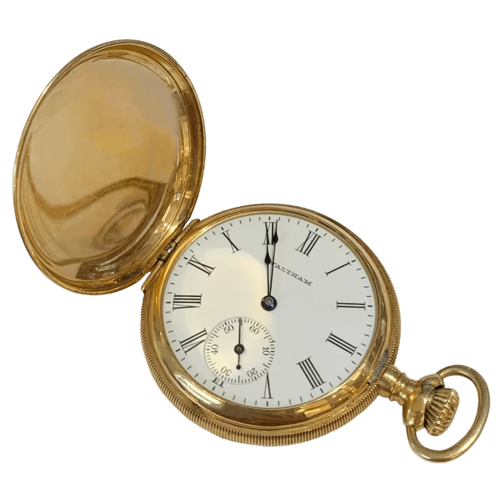 Sleutel- versus steelwindzakhorloges: een historisch overzicht 3 - WatchMuseum.org American Waltham Watch co Antiek geelgouden zakhorloge 1 getransformeerd