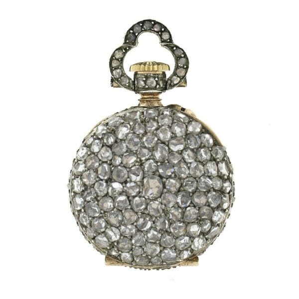 Colgante de reloj de bolsillo cubierto de diamantes de talla rosa de 3,25 quilates de oro francés antiguo de 18 quilates 2