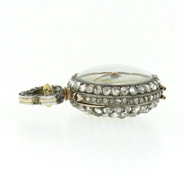 Antique Français Or 18 carats 3,25 ctw Pendentif de montre de poche recouvert de diamants taille rose 4