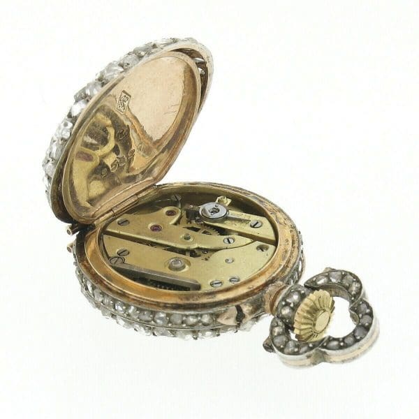 Pingente de relógio de bolso coberto de diamante com lapidação rosa de ouro 18k francês antigo 3,25 quilates 5