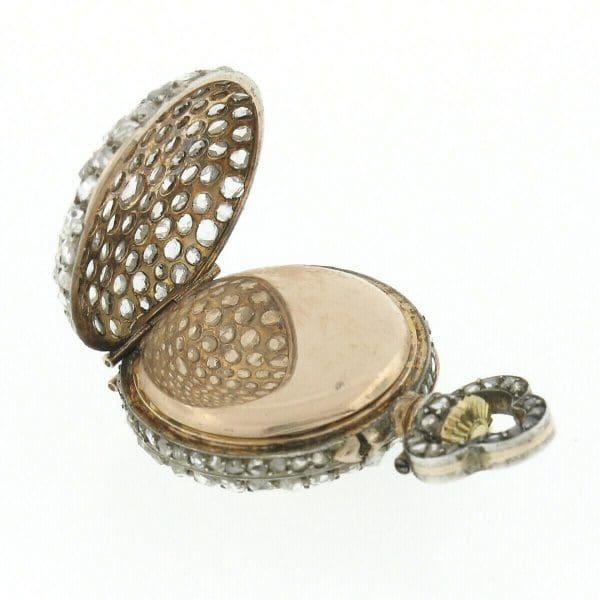 Colgante de reloj de bolsillo cubierto de diamantes de talla rosa de 3,25 quilates de oro francés antiguo de 18 quilates 6