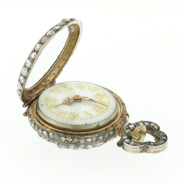Antigo francês 18k ouro 3,25 quilates com lapidação rosa diamante coberto com pingente de relógio de bolso 7