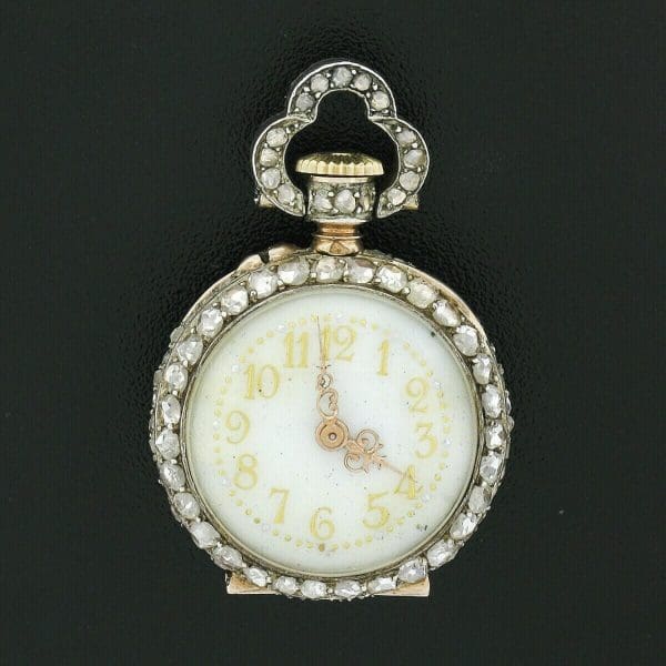 Antigo francês 18k ouro 3,25 quilates com corte rosa e pingente de relógio de bolso coberto com diamante 8