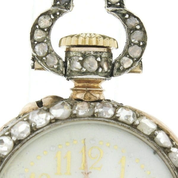 Antigo francês 18k ouro 3,25 quilates com lapidação rosa e diamante coberto com pingente de relógio de bolso 9