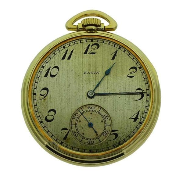 Elgin Yellow Gold Filled Art Deco Open Faced Pocket Watch New Old Stock Case 2