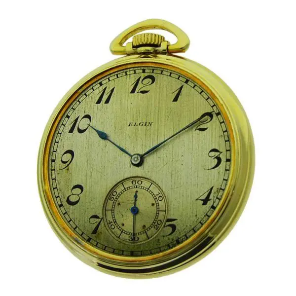 Elgin Yellow Gold Filled Art Deco Open Faced Pocket Watch New Old Stock Case 3