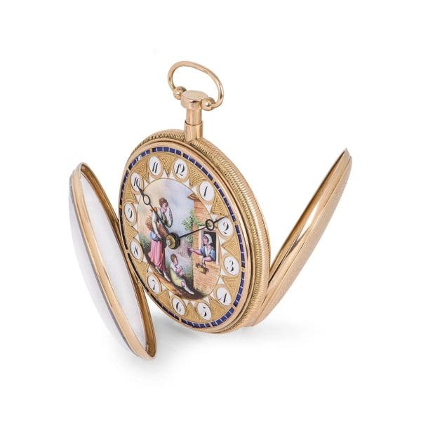 Orologio da tasca con ripetizione di quarti di orlo antico in oro rosa francese, quadrante smaltato dipinto 2
