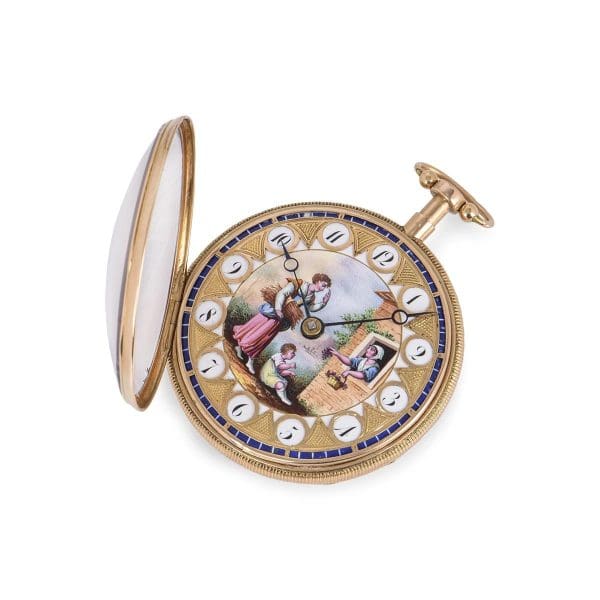 Franċiż Rose Gold Antique Verge Quarter Repeater Pocket Watch Painted Enamel Dial 3