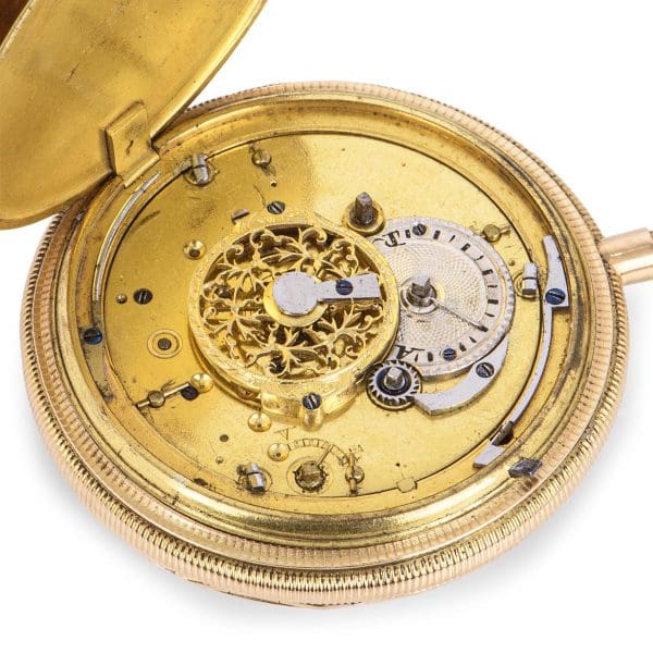 שעון כיס צרפתי רוז גולד עתיק קצה רבע חוזר צבוע באמייל חוגה 6