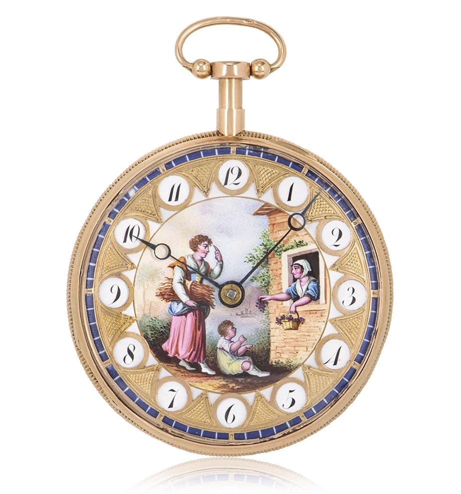 Reloj de bolsillo con repetición de cuarto de borde antiguo de oro rosa francés, esfera esmaltada pintada 7