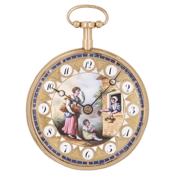 Orologio da tasca con ripetizione di quarti di orlo antico in oro rosa francese, quadrante smaltato dipinto 1 trasformato