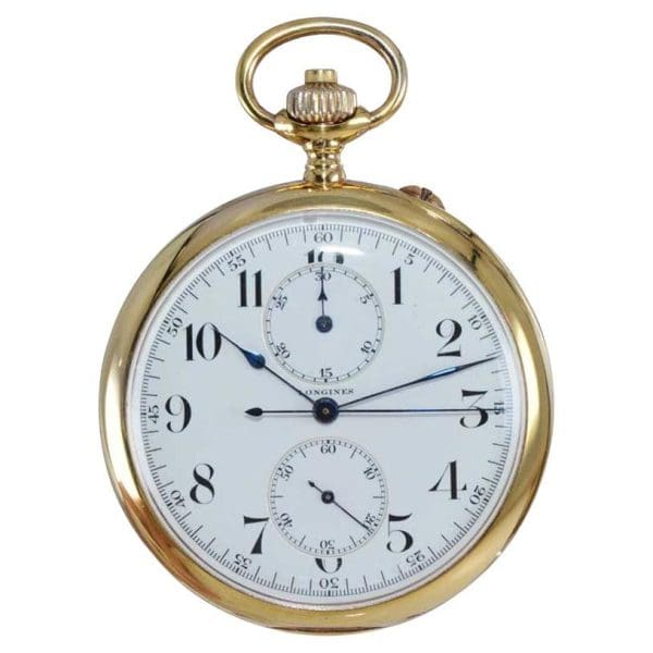 Longines 14kt Yellow Gold Open Face Chronograph Pocket Watch from 1920s 2