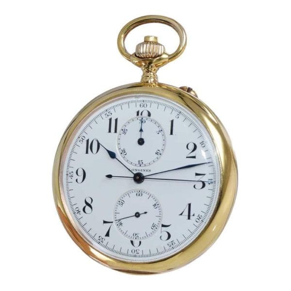 Longines 14kt Yellow Gold Open Face Chronograph Pocket Watch from 1920s 3
