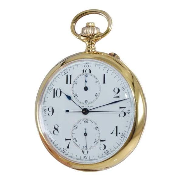 Longines 14kt Yellow Gold Open Face Chronograph Pocket Watch from 1920s 4