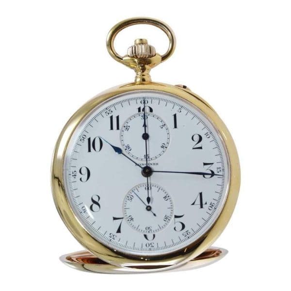 Longines 14kt Yellow Gold Open Face Chronograph Pocket Watch from 1920s 5