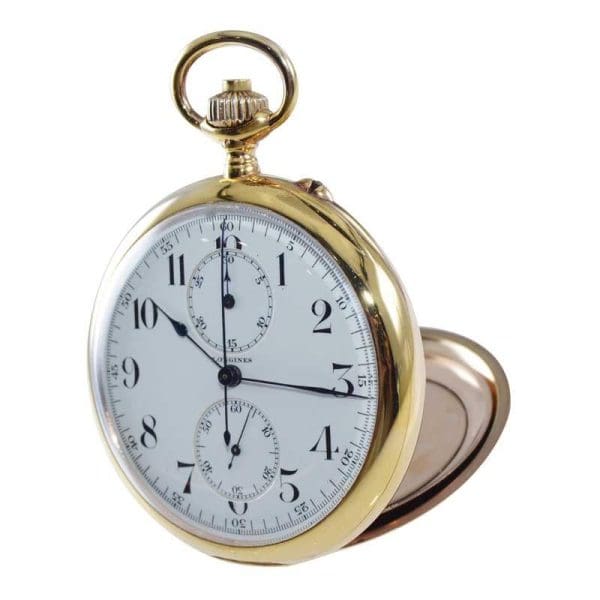Longines 14kt Yellow Gold Open Face Chronograph Pocket Watch from 1920s 6