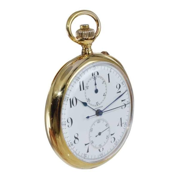 Longines 14kt Yellow Gold Open Face Chronograph Pocket Watch from 1920s 7