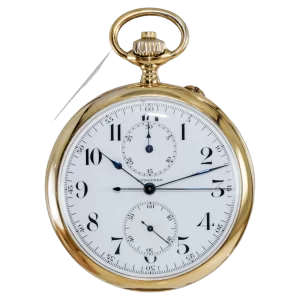 Longines 14kt Yellow Gold Open Face Chronograph Pocket Watch from 1920 s 1 transformed