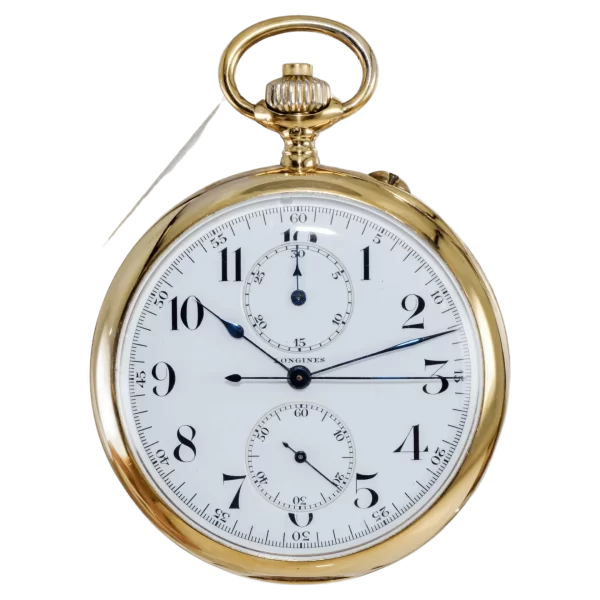Longines 14kt Yellow Gold Open Face Chronograph Pocket Watch from 1920 s 1 transformed