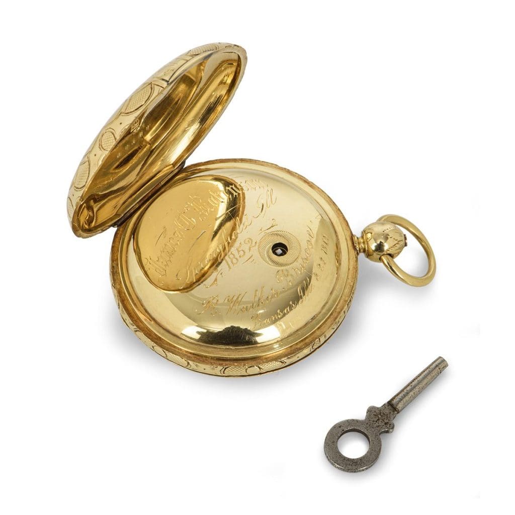 Sleutel- en staafwindzakhorloges: een historisch overzicht 1 - WatchMuseum.org Massief volledig jager geelgouden Keywind Fusee Railway Timepiece-zakhorloge 4