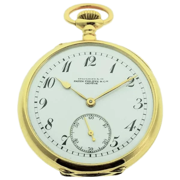 Patek Philippe 18 karat gult gull anhengsklokke med emaljeskive og arkiv 1 transformert