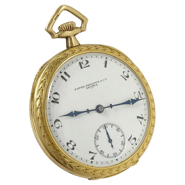 Patek Philippe Vintage Yellow Gold Fancy Chased Case Porcelain Dial Pocket Watch 1 transformed