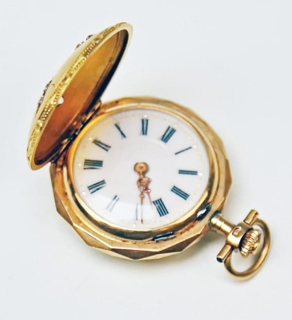 Remontoir Cylindre 10 Rubis Womans Swiss Pocket Watch 14 قیراطی الماس طلای 3