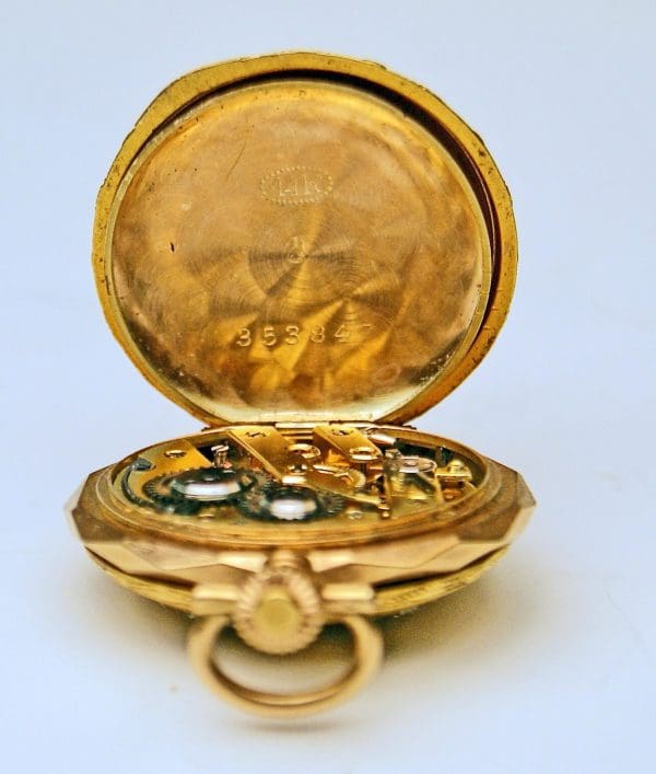 Remontoir Cylindre 10 Rubis Orologio da tasca svizzero da donna in oro 14 carati con diamanti 6