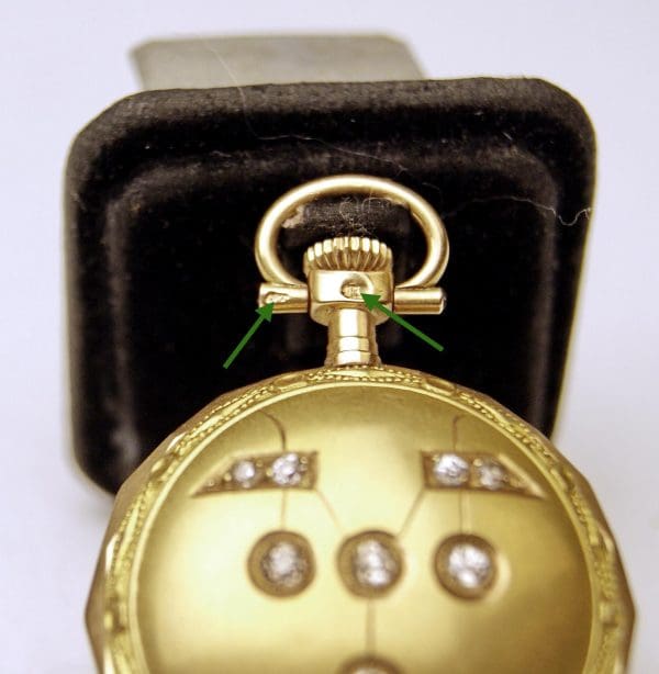 Remontoir Cylindre 10 Rubis Womans Swiss Pocket Watch 14 Carat Gold Diamonds 8