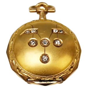 Женские швейцарские карманные часы Remontoir Cylindre 10 Rubis, золото 14 карат, бриллианты 1 трансформированный