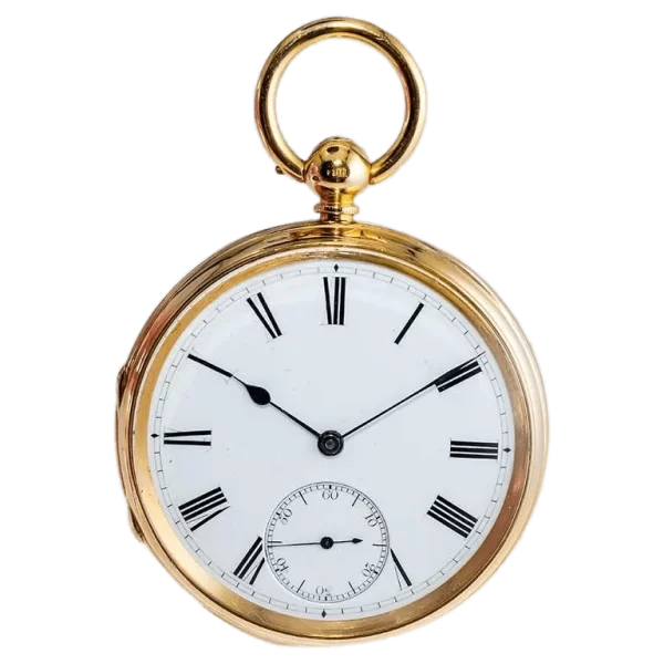 Rob Crook 18 Karat Yellow Gold Open Faced Keywind Pocket Watch  circa 1845 1 transformed