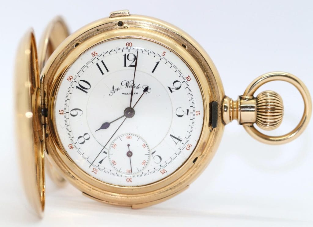 นาฬิกาพ็อกเก็ตอเมริกันกับยุโรป: การศึกษาเปรียบเทียบ 2 - watchmuseum.org นาฬิกา Pocket Hunter ทอง 14K โดย American Watch Co. Waltham Chronograph Repeater 5
