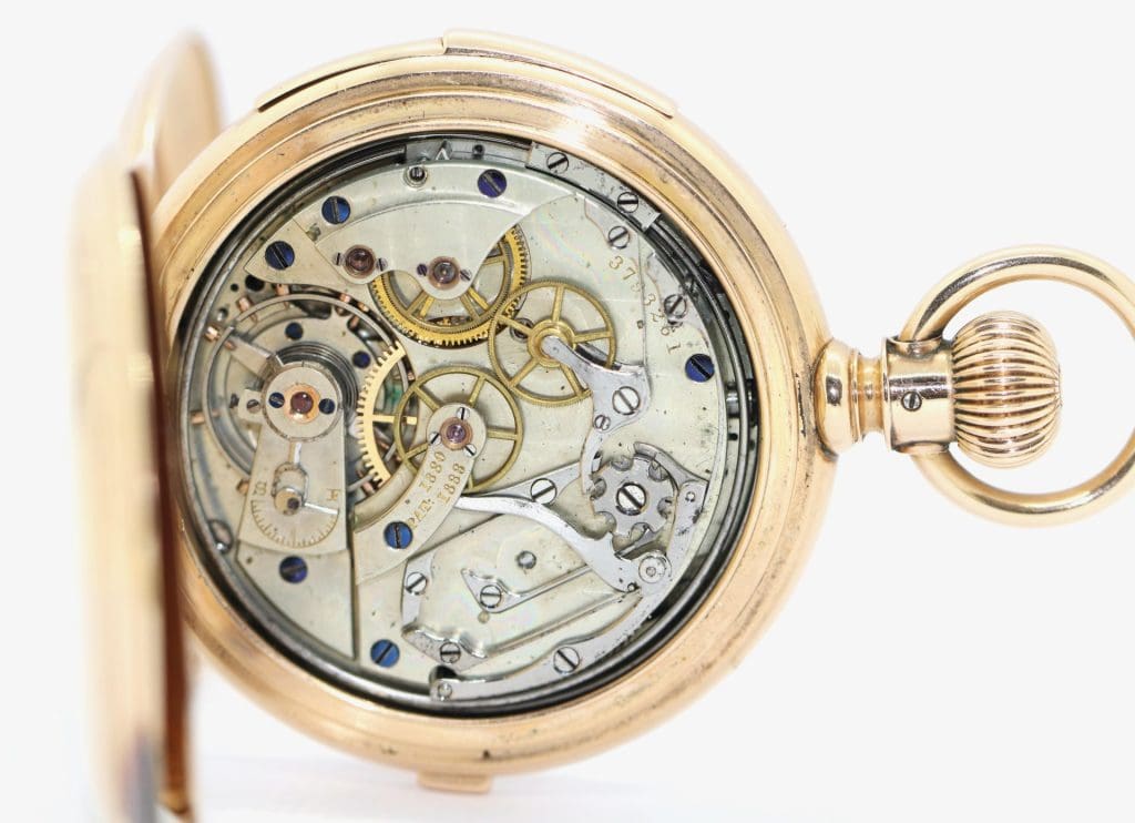 นาฬิกาพ็อกเก็ตอเมริกันกับยุโรป: การศึกษาเปรียบเทียบ 8 - watchmuseum.org นาฬิกา Pocket Hunter ทอง 14K โดย American Watch Co. Waltham Chronograph Repeater 9
