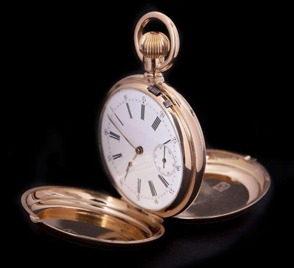 Relógio de bolso com calendário duplo de caçador completo em ouro rosa vintage da década de 1890 2