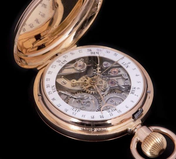 Orologio da tasca con calendario a doppia faccia, vintage in oro rosa, anni 1890, 4