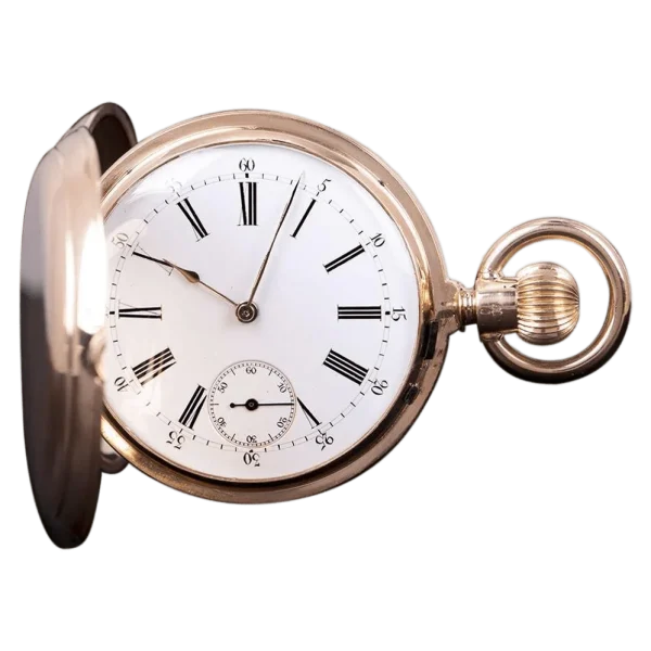 Relógio de bolso vintage de dupla face com calendário em ouro rosa da década de 1890, cheio de caçador, 1 transformado