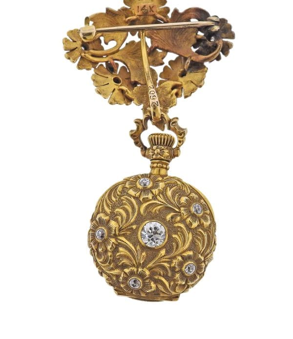 Art Nouveau Antique Gold Diamond Lapel Pocket Watch 2