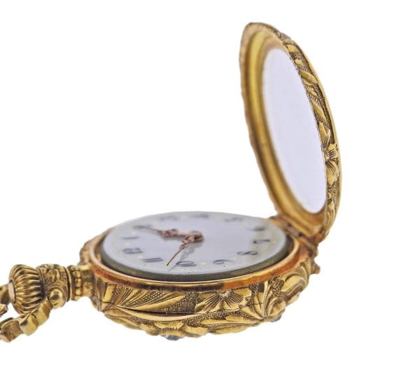Art Nouveau Antique Gold Diamond Lapel Pocket Watch 5
